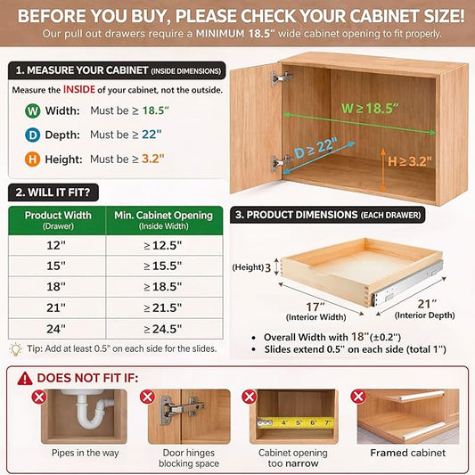 Menkxi 2 Set Wooden Pull out Cabinet Organizer Fully Assembled Slide out Pantry Drawer with Gentle Close Storage Shelf Tray for Base Kitchen Under Sink Bathroom Accessory(Wood Color,18'' X 21'' X 3'')