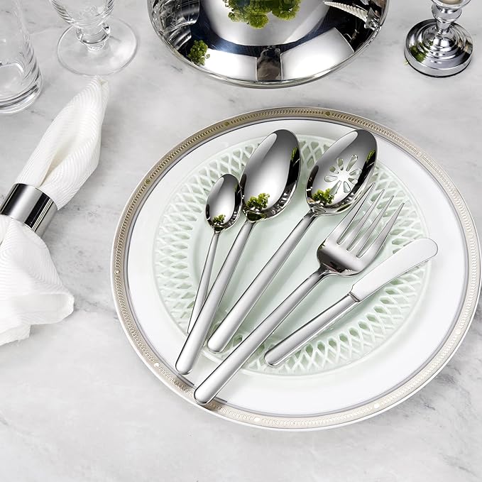 KEAWELL Premium Aline 4-Piece 9 inch Spoon Set – 18/10 Stainless Steel Silverware with Mirror Polish, Dishwasher Safe for Table Setting and Entertaining (4, Serving Spoons and Slotted Spoons)