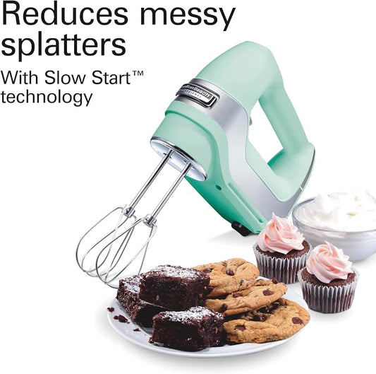 Hamilton Beach Professional 5-Speed Electric Hand Mixer with Snap-On Storage Case, QuickBurst, Stainless Steel Twisted Wire Beaters and Whisk, Mint (62658) (Pack of 2)