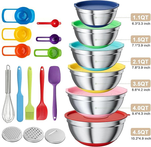 20-Piece Mixing Bowls Set with Airtight Lids โ 6 Stainless Steel Kitchen Bowls (4.5QT, 4QT, 3.5QT, 2.1QT, 1.5QT, 1.1QT), 3 Grater Attachments, Non-Slip Silicone Bottoms, Perfect for Baking & Serving