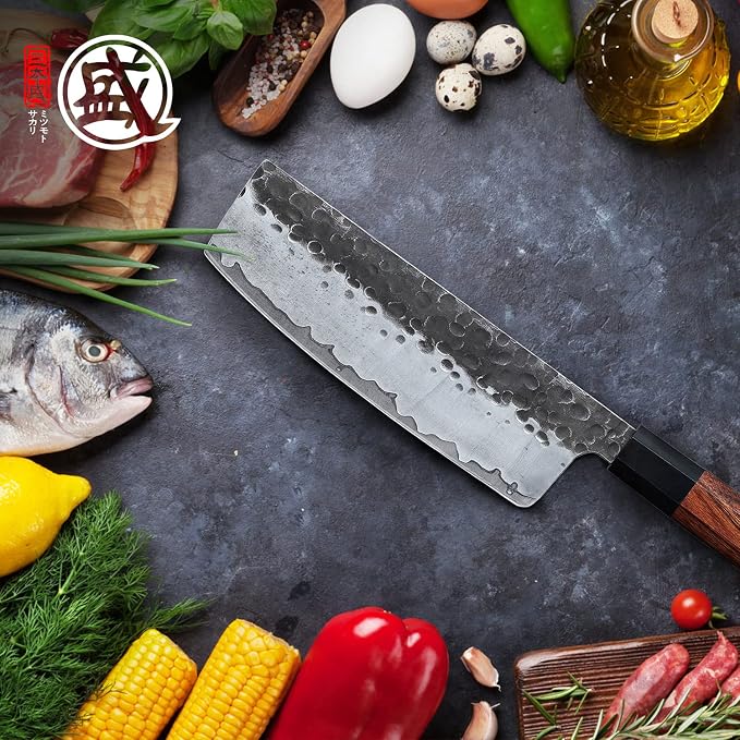 MITSUMOTO SAKARI 7-Inch Japanese Nakiri Knife, 9Cr18MoV Steel | Wide Nakiri blade for vegetable push cuts, 12° edge, 3-layer 9Cr18MoV steel, rosewood handle, sandalwood box