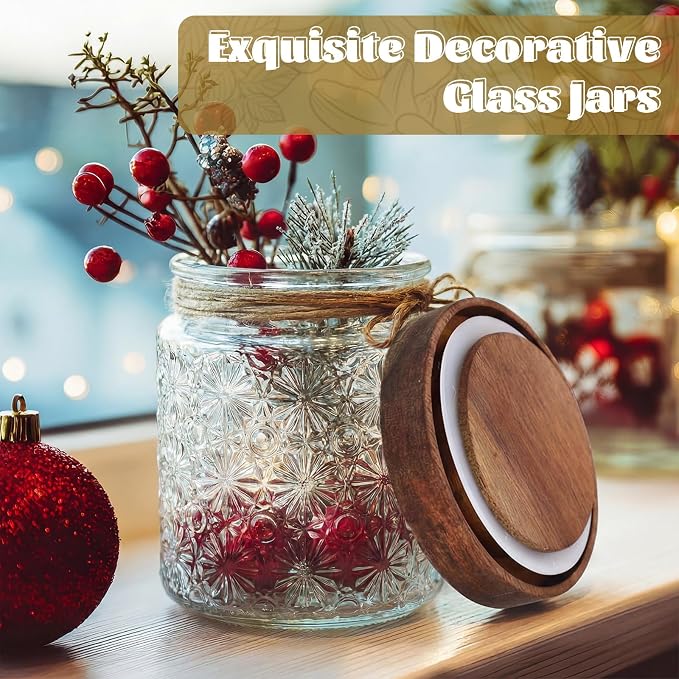 Suclain 6 Pcs 17 OZ Vintage Glass Jar with Acacia Wood Lids Airtight Glass Storage Canisters Kitchen Spice Jars Food Storage Containers for Pantry Coffee Grains Tea Sugar Flour(Stars)