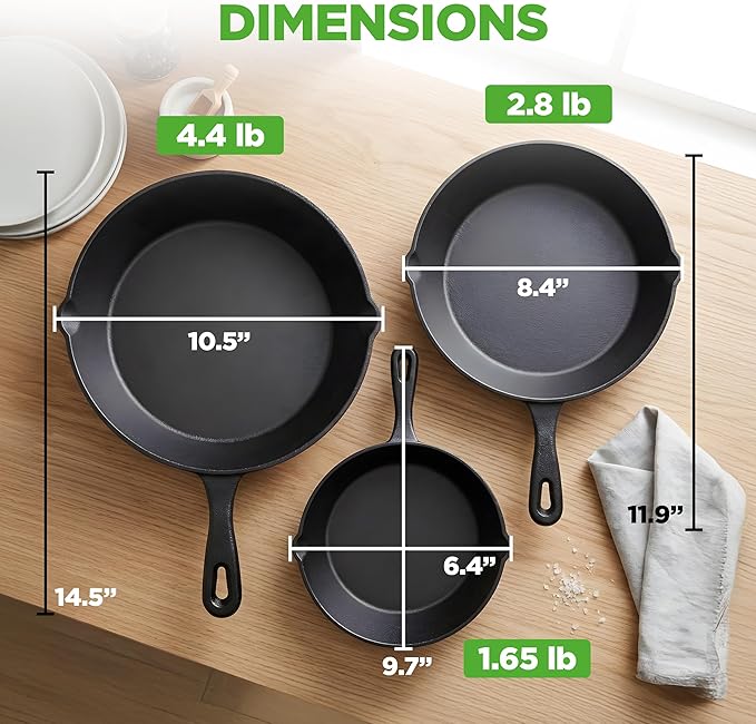 NutriChef Pre-Seasoned Cast Iron Skillets - 3 Pieces Cast Iron Cookware Set w/Drip Spout and Scraper - Compatible with Induction, Electric Stovetop, Gas, & Ceramic - NCCI76