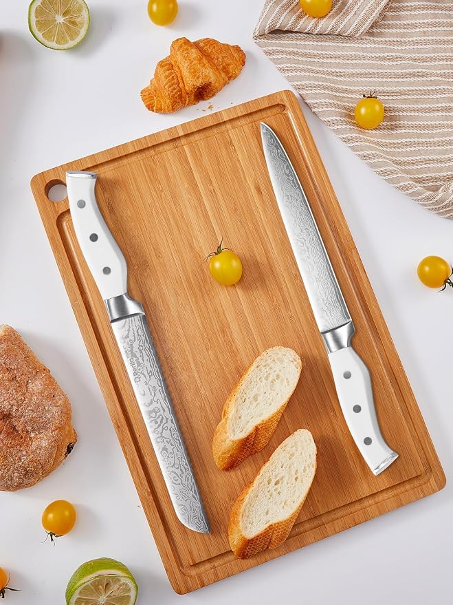 Knife Set, D.Perlla 15 Pieces Kitchen Knife Set with Built-in Sharpener, High Carbon Stainless Steel Kitchen Knife Block Set with Unique Waved Pattern, Non-slip Handle, White