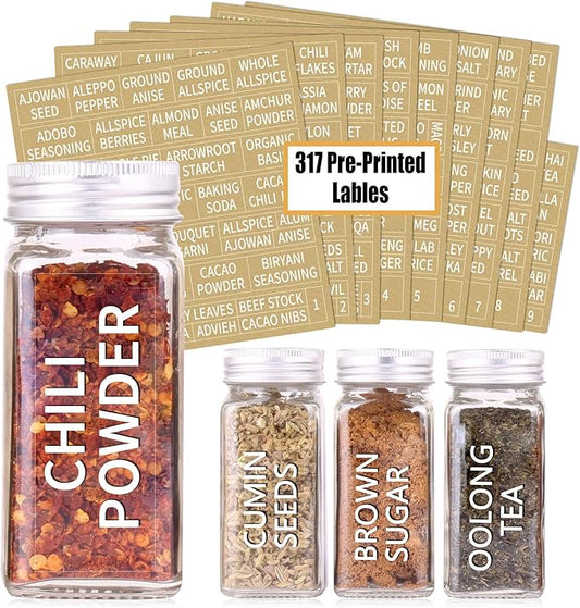 SWOMMOLY 36 Glass Spice Jars with 703 Spice Labels, Empty Square Spice Bottles 4 oz with Pour/Sift Shaker Lid, Airtight Cap, Chalk Marker and Funnel Complete Set