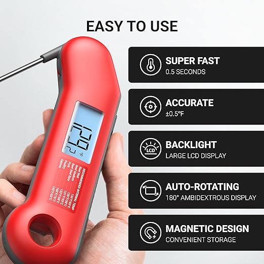 Professional Meat Thermometer Digital, Ultra-Fast 0.5 Sec Instant Read, NIST Certified ±0.5°F Accuracy, IP67 Waterproof, Auto-Rotating Backlit Display, for Fathers Day, Gifts for Him Dad Men