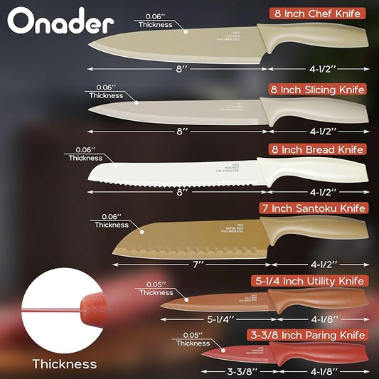 Onader 12 Pieces Kitchen Knife Set with Blade Guards, Stainless Steel Sharp Knife Set for Kitchen, Multicolor