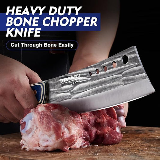 3PCS Butcher Knife Set for Meat Cutting, Hand Forged Professional Chef Knife Set Meat Cleaver Boning Knife for Home, Outdoor Cooking, Camping BBQ Gift Idea Men