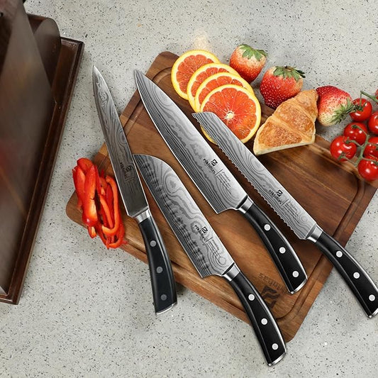 Piklohas Knife Sets for Kitchen with Block, 17 Pieces with Magnetic Knife Holder, German High Carbon Stainless Steel Damascus Pattern Chef Knife Set, Ideal for Gift
