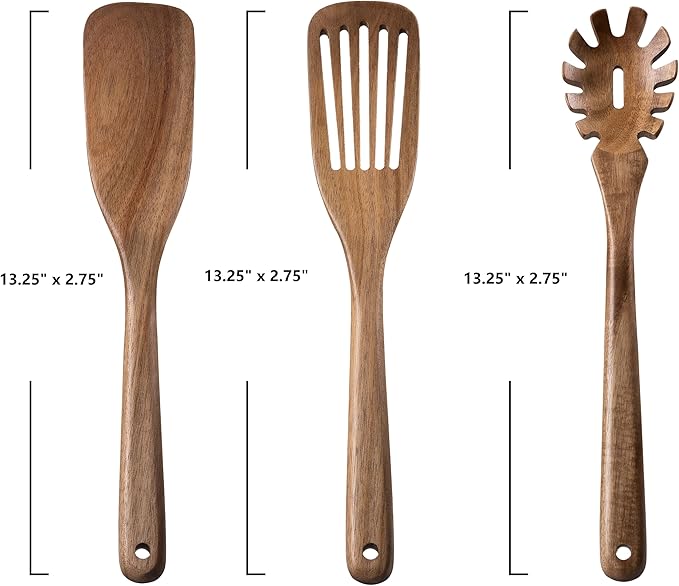 Wooden Kitchen Spatula for Cooking - 3 Pcs Set, Natural Acacia Wood Pasta Spoon with Teeth Spaghetti Fork for Serving Pasta, Non-Stick Cooking Spurtle Utensils for Kitchen Use