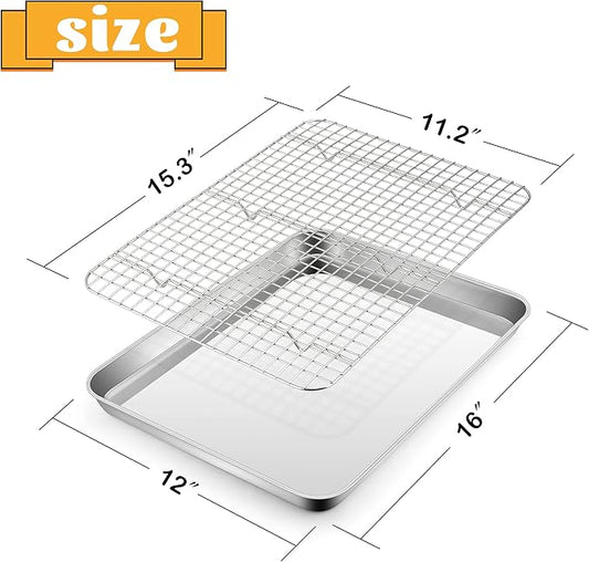 Stainless Steel Baking Sheet with Rack Set, E-far 16”x12” Cookie Sheet Pan for Oven, Rimmed Metal Tray with Wire Cooling Rack for Cooking Roasting Resting Bacon Meat Steak - Dishwasher Safe