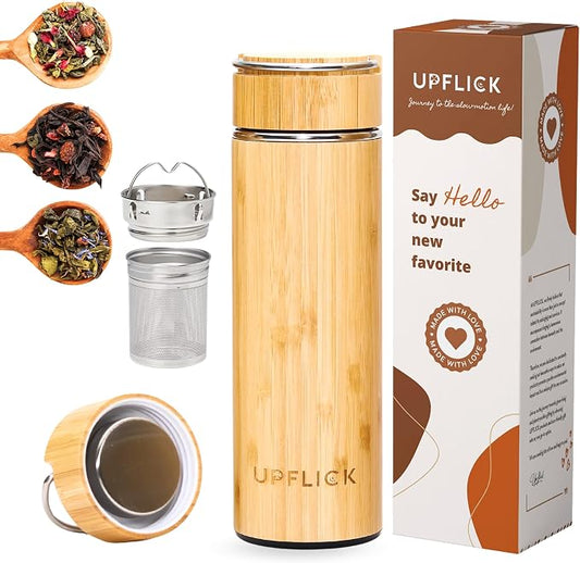 Bamboo Water Bottle Tea Tumbler 15 oz Set of 25 pcs Wide Mouth Leak Proof Insulated Double Wall