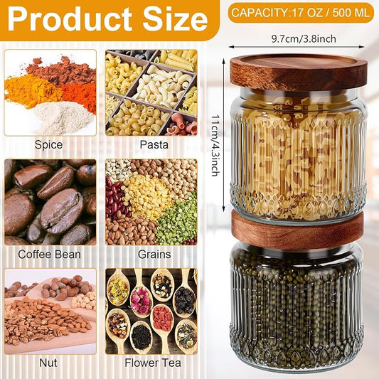 6 Pcs 500ml/17 oz Vintage Glass Storage Jar Glass Containers with Wood Lid Ribbed Pattern Airtight Kitchen Spice Containers for Pantry, Coffee Bean, Grains, Tea, Sugar, Flour, Candy, Oats