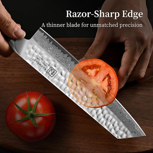 KEEMAKE Kiritsuke Chef Knife, 8 Inch Damascus Japanese Kitchen Knife with Ergonomic Pakkawood Handle, Ultra Sharp Non-Slip Cooking Knife with Ash Sheath & Dad Gift Box