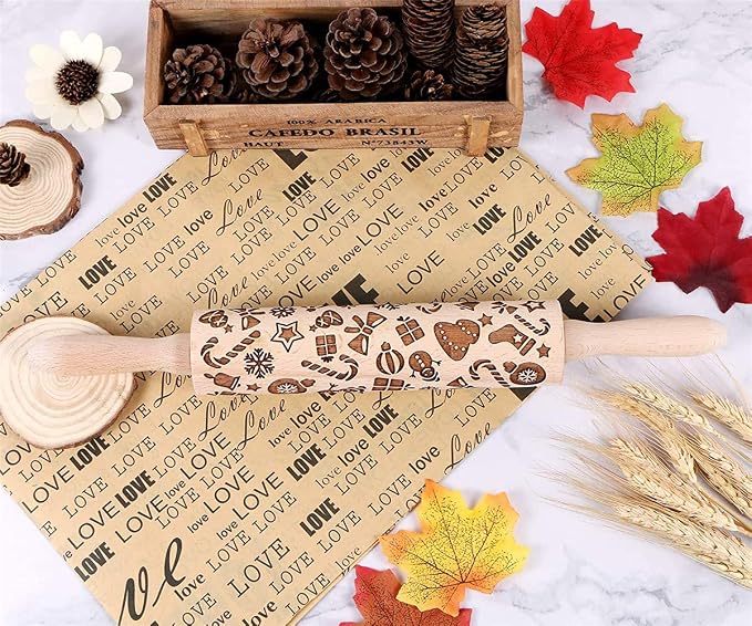 Christmas Wooden Rolling Pins, Xmas 3D Reindeer Shape Decor Embossing Rolling Pin,Christmas Patterned Rolling Pin Baking Tools (Christmas Elements)
