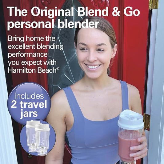 Hamilton Beach Portable Blender for Shakes and Smoothies,14 Oz BPA Free Travel Cup & Lid,Durable Stainless Steel Blades,Personal Smoothie Blender,2 Jars - White (51102V),(Pack of 2)