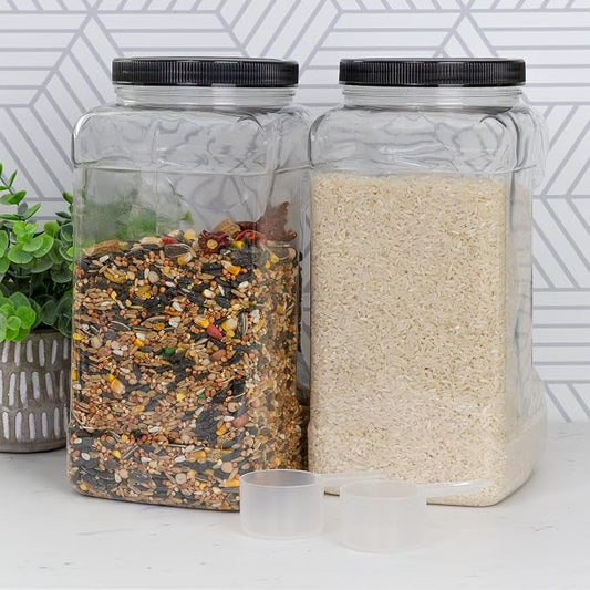 Cornucopia Brands Square Gallon Size Clear Plastic Canisters (2-Pack); 4-Quart Jar Grip Containers w/ Plastic Scoops; BPA-Free