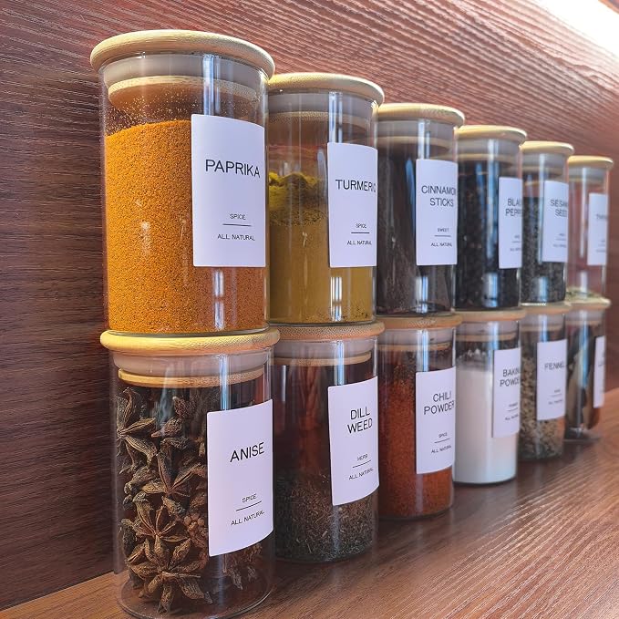 12 Pcs Glass Spice Jars with Bamboo Airtight Lids & 201 Labels - 8oz Small Empty Food Storage Containers for Kitchen, Seasonings, Herbs, Salt