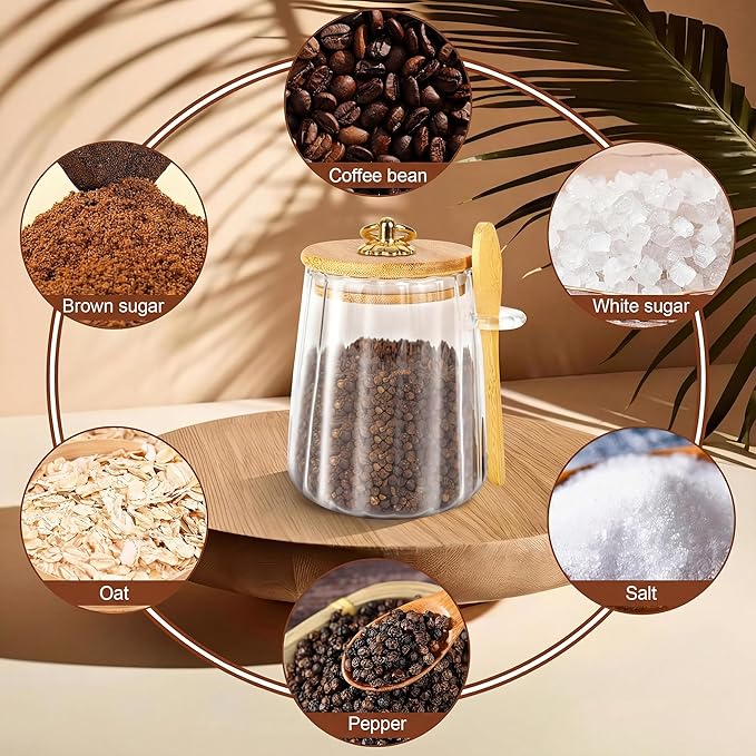 holoith Sugar Jar with Lid and Spoon,24oz Large Glass Spice Jars for Coffee Bar Decor Accessories Food Storage Containers Home Essentials