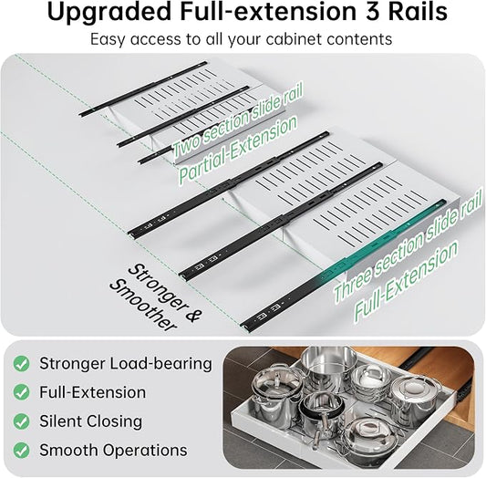 Pull out Cabinet Organizer, 1 pack, 16.5" Deep Heavy Slide out Drawers, Upgrade Three Triple-Slide Rail Systems, Expandable 12.8"-20.8" Roll out Shelf Storage for Kitchen Base Cabinet Organization