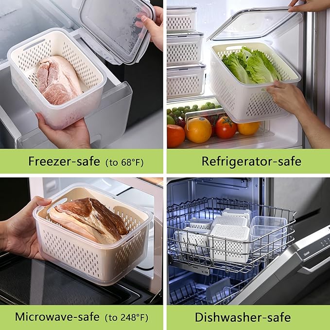 5 Pack Fruit Storage Containers for Fridge,Fruit Containers for Fridge with Removable Colanders,Leakproof Refrigerator Organizers and Storage for Produce Beery Vegetable Salad Meat Food Keep Fresh