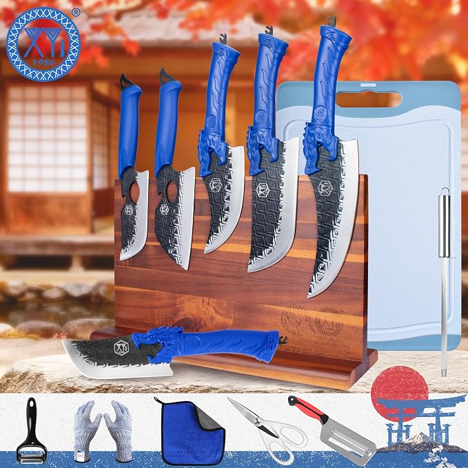 XYJ Knife Block Set, High Carbon Steel Blades, Kitchen Knives Set with Magentic Knife Holder, Honing Steel, Scissors, Cutting Board, Gloves, Peeler, Boning Slicing Chef Knives, Ergonomic Handle
