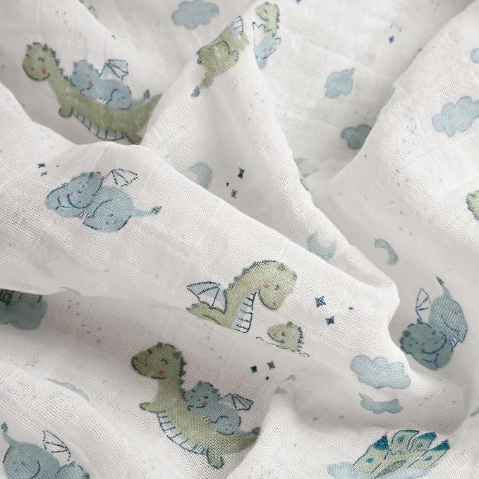 4-Pack Muslin Swaddle Blankets for Newborns | 100% Cotton Breathable Soft, Large 31.5"x43.3" | Multi-Use Stroller Sunshade Nursing Cover & Receiving Blanket, Blue Dinosaur