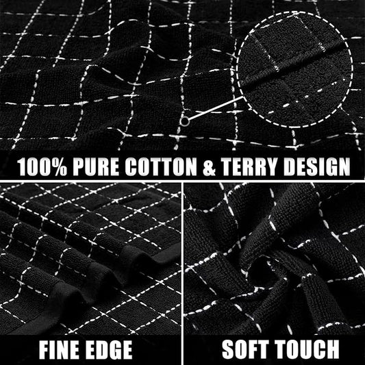 Mordimy 100% Cotton Terry Cloth Kitchen Towels, Super Soft and Absorbent Dish Towels for Drying, Checkered Designed Hand Towels for Kitchen, 16 x 26 Inches, 8 Pack, Black