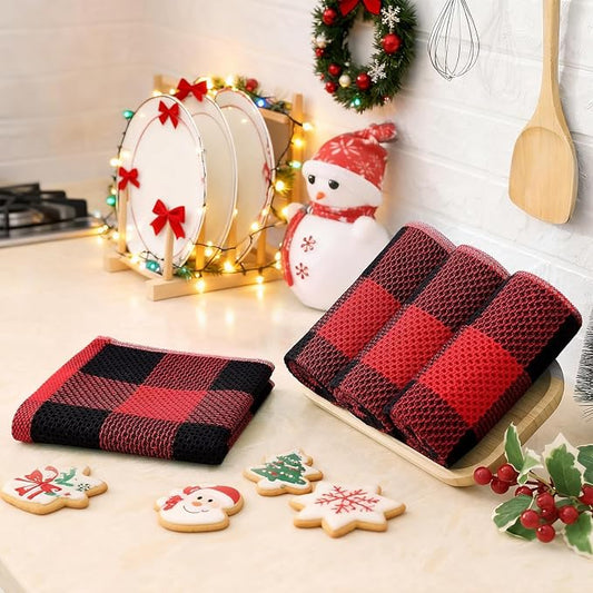 Homaxy 100% Cotton Waffle Weave Check Plaid Kitchen Towels, 13 x 28 Inches, Super Soft and Absorbent Dish Towels for Drying Dishes, 8-Pack, Black & Red