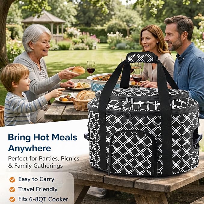 BAGSPRITE Double-layer Slow Cooker Carrying Case for Crock Pot 6-8 Quart, Insulated Crockpot Carrier with Adjustable Lid Straps,Portable Slow Cooker Travel Bag for Potluck, Parties, Family Gatherings