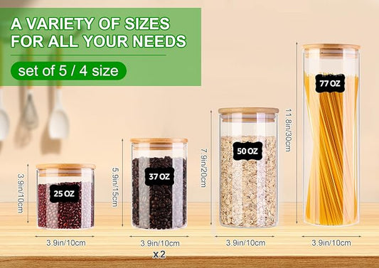 Glass Food Storage Jars, Food Containers with Airtight Bamboo Lids for Pasta, Cookies, Nuts, Coffee Beans, Cereal, Glass Canisters for Kitchen, Pantry Organization,Set of 5