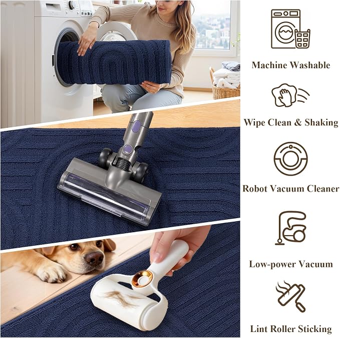 U'Artlines Kitchen Rugs and Mats Set of 3, Non Skid Washable Blue Geometric Kitchen Mats for Floor, Absorbent and Stain Resistant Floor Mat for Laundry, Sink Decor 20x32+20x48+20x59