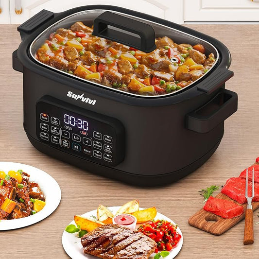 12-in-1 Multicooker, 6.5QT Slow Cooker Roaster Oven, Digital Programmable Multi Functional Pot with Timer Temp Control Delay Start Glass Lid Removable Nonstick Pot, Roast/Steam Rack, Black