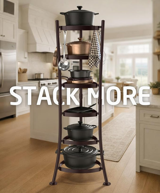 KES Oiled Bronze Freestanding Pot Rack, 6-Tier Cast Iron Cookware Stand with 6 Hooks, Pots and Pans Storage Tower for Kitchen, Stable Base, 264 Lbs Capacity, Anti-tip Strap & Floor Protectors