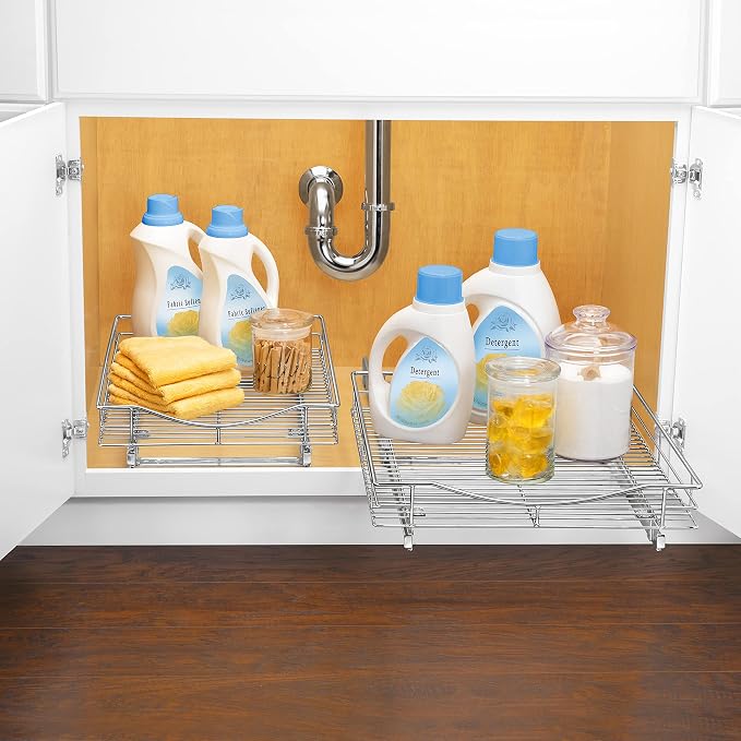 LYNK PROFESSIONAL® Pull Out Cabinet Organizer, 17" x 18" Slide Out Cabinet Organizer Pull Out Drawer – Pull Out Shelves for Kitchen Cabinets – Under Sink Organizers - Lifetime Ltd. Warranty, Chrome