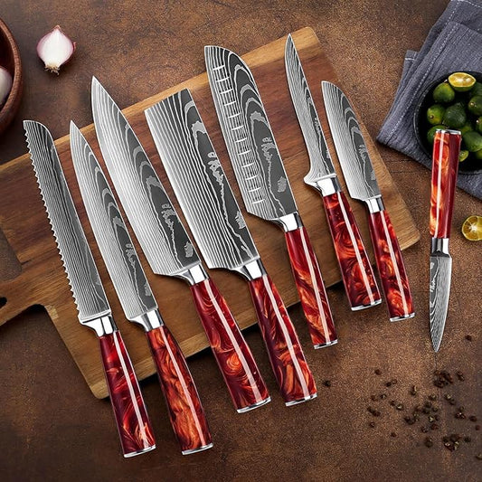 SENKEN 8-Piece Japanese Knife Set with Red Resin Handle and Laser Damascus Pattern - Crimson Collection - Chef's Knife, Cleaver, Santoku, Bread Knife, Paring Knife, & More (Crimson Red)
