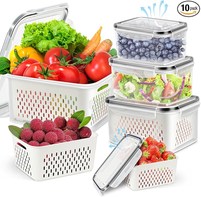 Fruit Storage Container for Fridge, BPA Free Kitchen Refrigerator Organizers Plastic Fruit Containers for Fridge with Removable Colander for Fruit Berry Salad Lettuce (Clear-Vent-4Pack)