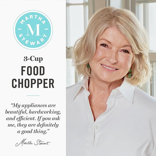 Martha Stewart 3 Cup Electric Food Chopper, Vegetable & Herb Mini Food Processor, 24oz BPA-Free Bowl, Stainless Steel Blades, Pour Spout, Dicing, Mincing, Chop & Puree, Dishwasher Safe, Indigo Blue