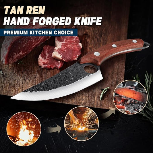 TAN REN 3PCS Butcher Knife Set for Meat Cutting, Hand Forged Meat Cleaver Knives with Wood Handle, Grilling Knife Set for Men