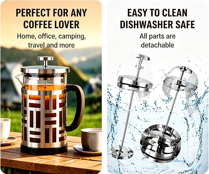 French Press Coffee Maker 34 oz, Glass Coffee Press with 316 Stainless Steel Filter, Plastic-Free Brewer for Coffee, Cold Brew,Tea & Cocoa, With Extra Filter