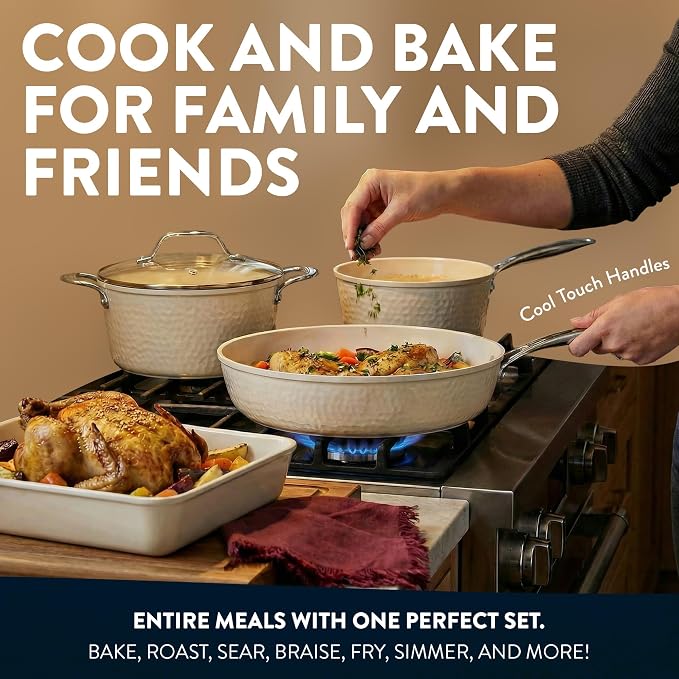Gotham Steel Hammered 15 Pc Ceramic Cookware Set Nonstick, Pots and Pans Set Non Stick with Induction Cookware, Cooking Utensils & Steamer, Non Toxic PFOA PFOS Free, Oven & Dishwasher Safe