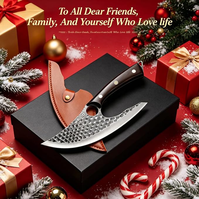 Ulu Knife with Sheath - Ultimate - Hand Forged Caveman Ultimo Knife with Full Tang Ergonomic Wooden Handle & Copper Inlay - BBQ Knives for Vegetables, Fruit, Pizza, and Outdoor Adventures