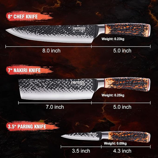 Topfeel kitchen knife set, 3 PCS Japanese Chef Knife Set, Hand Forged High Carbon Stainless Steel Knives Sets,Ultra Sharp Professional Chef Knives Sets with Unique Antler-like Handle