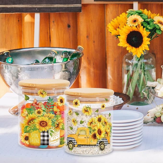 JarThenaAMCS 3Pcs Sunflower Glass Storage Jars with Airtight Lid Watercolor Floral Gnome Truck Candy Cookie Canisters Sets for Spring Summer Home Kitchen Countertop Decorations