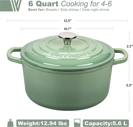 VORRINGARD Enameled Cast Iron Dutch Oven Pot with Lid, for Sourdough Bread Baking, Round Dutch Ovens, 6 Quart, Sage green
