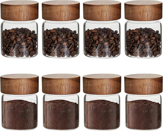 4 oz Glass Spice Mason Jars with Screw Wood Lid 8 pcs Airtight Small Glass Jars Seasoning Herb Containers Food Storage Canister for Sugar Coffee Bean Ground Pantry Cookies Salt (4oz(118ml)*8 pack)