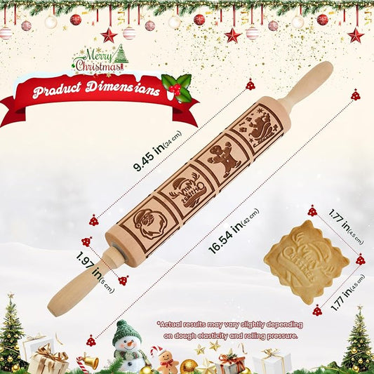 Gobam Embossed Rolling Pin for Cookies, Engraved Wooden Rolling Pin for Baking, Deep Pattern Cookie Roller for Christmas, Holiday, DIY Kitchen Decor and Gift - Christmas Classic