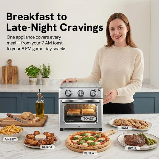 VAL CUCINA 6-in-1 Air Fryer Toaster Oven Combo, Compact 12.7 QT Small Countertop Convection Oven, Fits 9" Pizza & 4 Toast, Hexagon Hybrid Heating, Enamel Baking Pan Included, Stainless Steel Finish