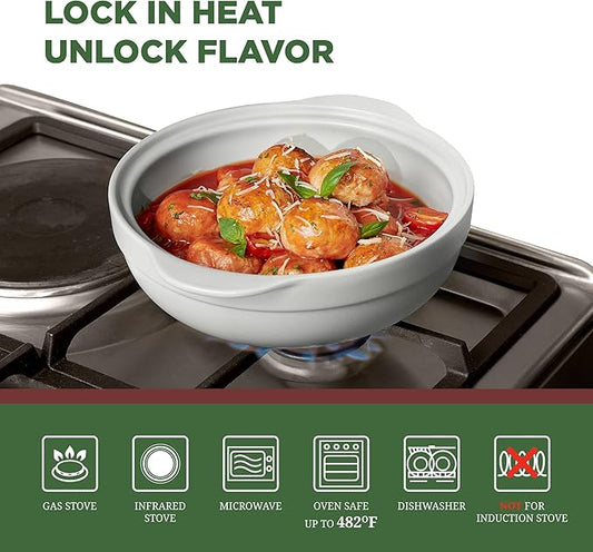 MINH LONG 1-Qt Porcelain Dutch Oven with Lid – Lead & Cadmium Free, Oven Safe to 482°F, Heat Retention, Clay Pot for Cooking on Gas & Infrared Cooktop, Use to Marinate, Cook, Bake, Refrigerate & Serve