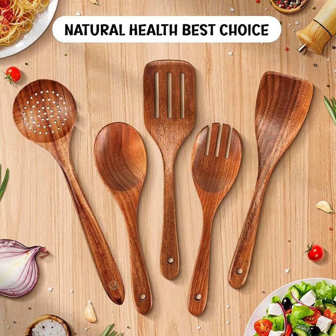 5 Pieces wooden utensil set premium cooking spoons wood cooking utensils teak wooden utensils set wood cooking utensils (5 Pieces set)